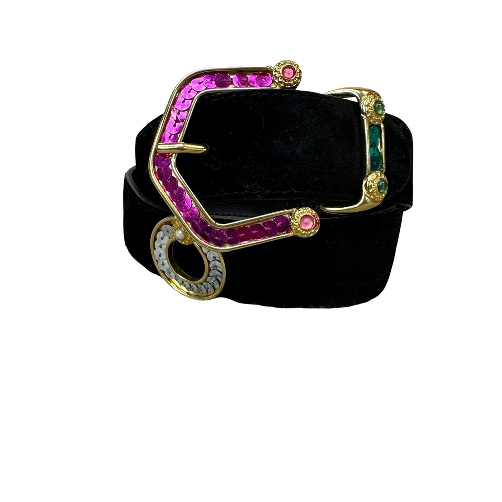 Vintage Express Black Suede Leather Belt Sequin Gold Buckle Made in Italy Medium
